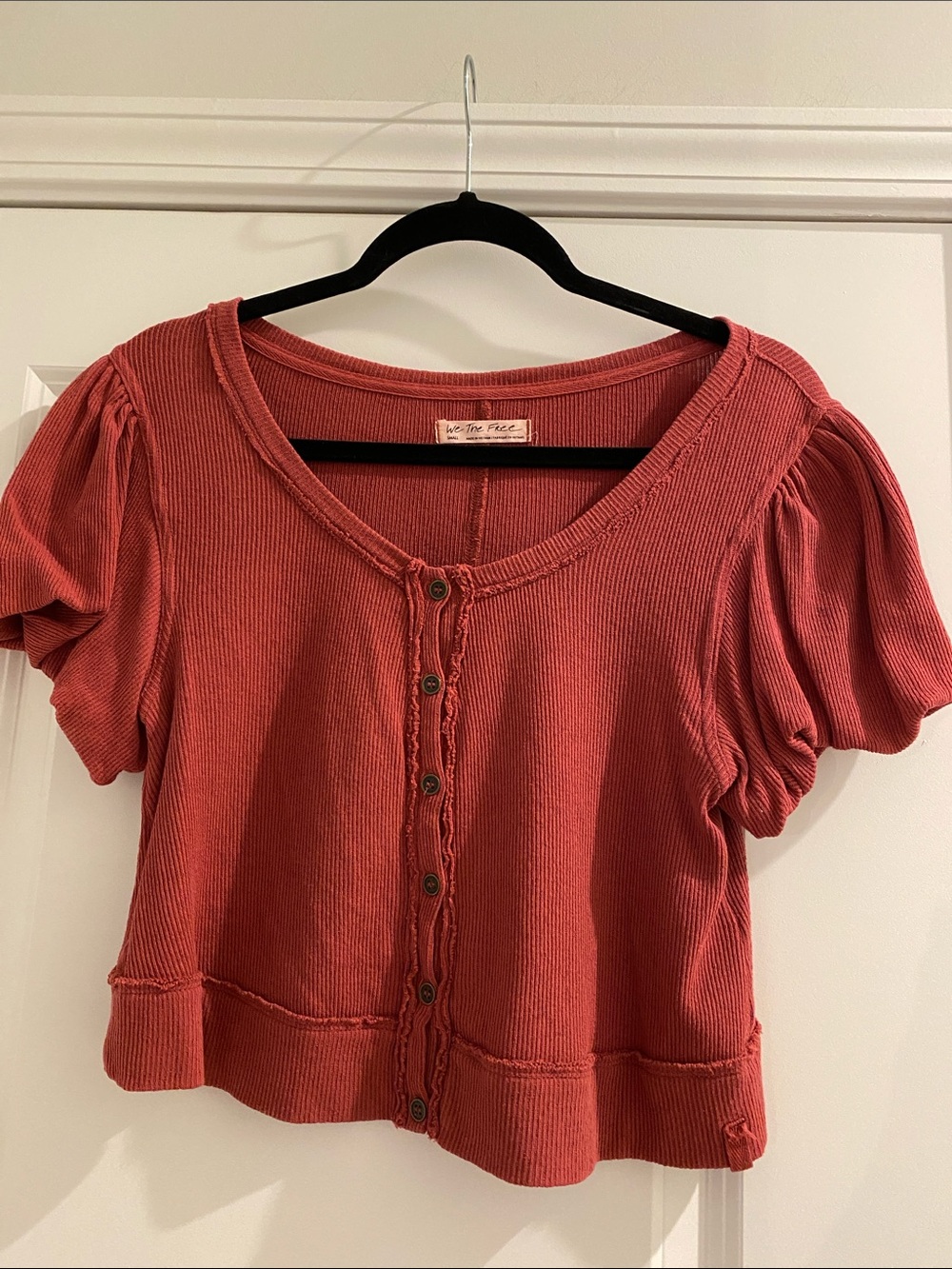 Free People Cropped Ribbed Button-Up Top in Rust Red